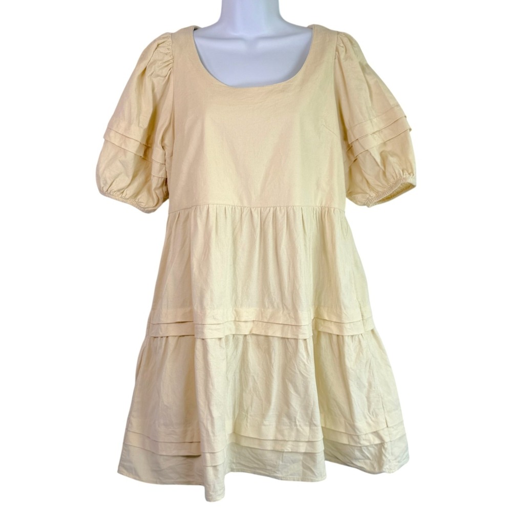 Sweet Generis Tiered Corduroy Mini Dress Sz M Cream Puff Sleeve Cottage Boho
